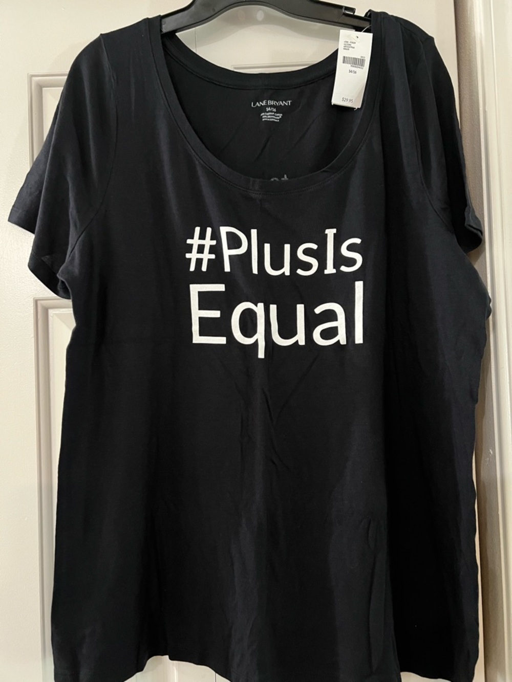 Lane Bryant Black Scoop Neck Tee with White "#PlusIsEqual" Graphic